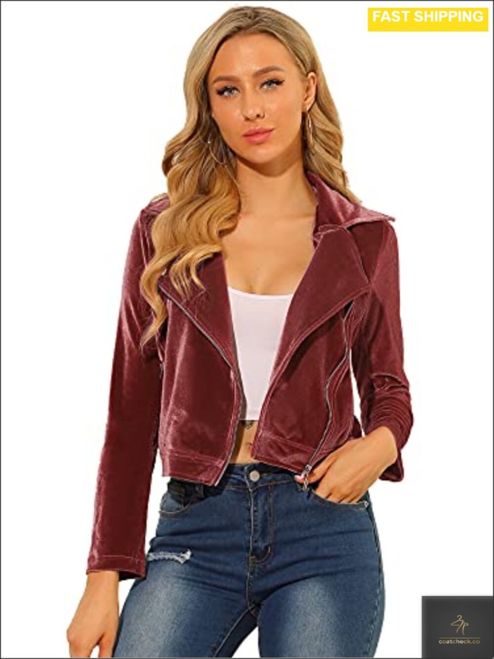 Velvet Moto Jacket Cropped Lapel Collar Zip Winter Coat